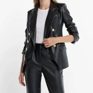 EXPRESS BLACK FAUX LEATHER Gold Novelty Button Double Breasted BLAZER JACKET XS